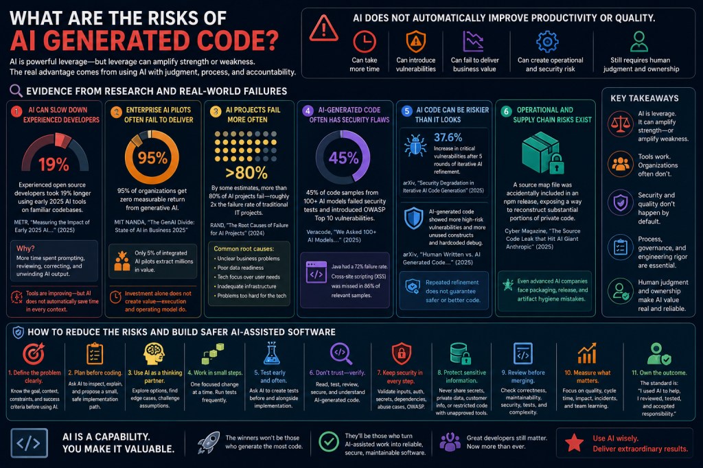 A dark, high-contrast photograph of a code editor showing a complex software system with potential error points or warning contexts, illustrating the security risks and defects of unreviewed AI-generated code.