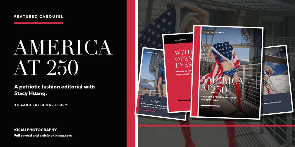 Model in bold red, white, and blue styling for the America at 250 fashion editorial on Kisau Photography